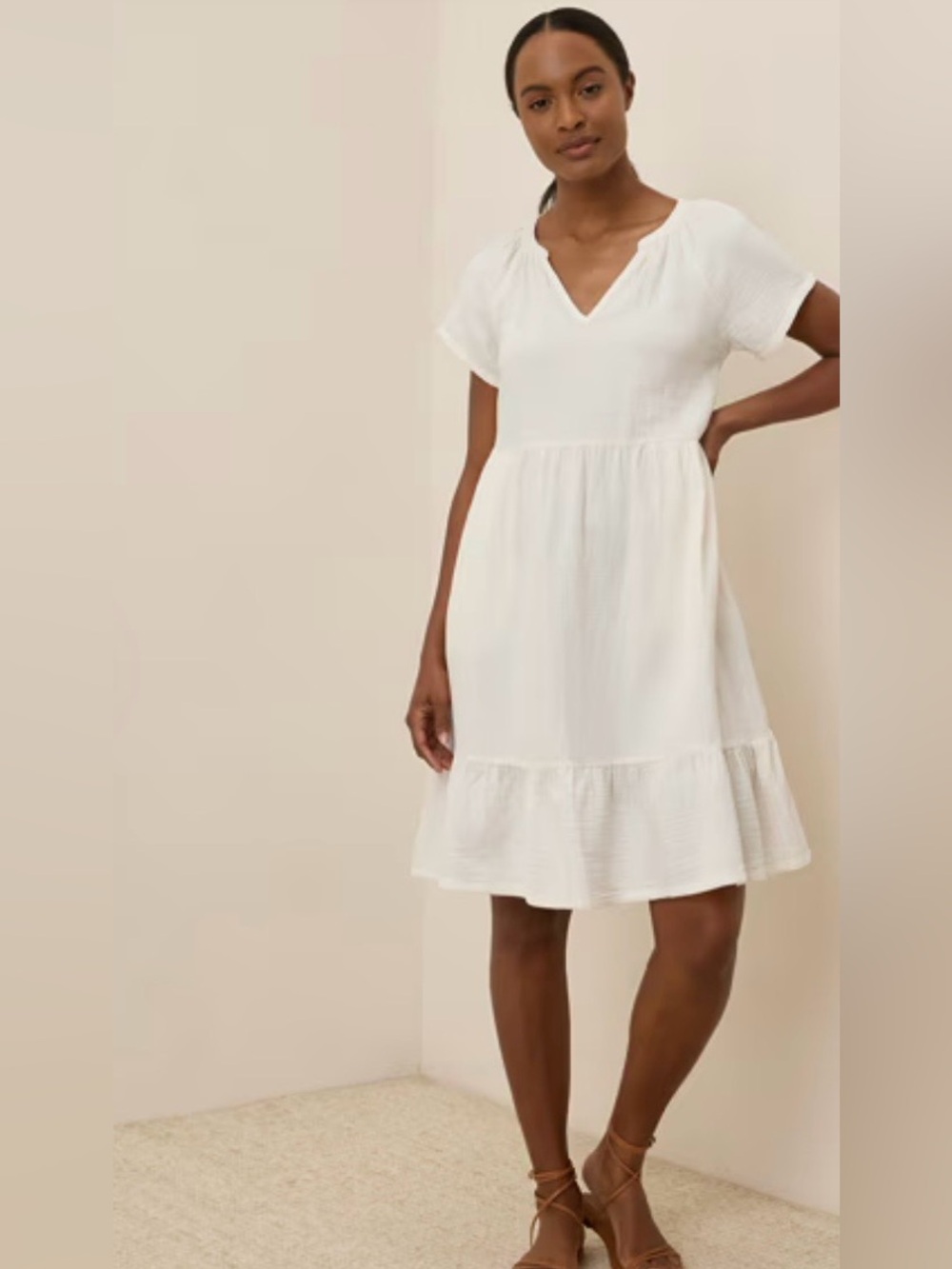 Pact Coastal Double Gauze Breezy White Cotton Tie-Waist Tiered Dress M